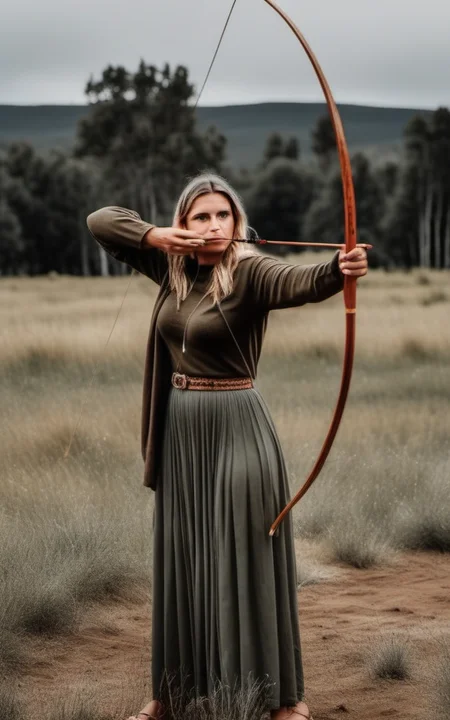 realistic photo, long bow, athletic 1person, standing, long bow \(weapon\), holding bow \(weapon\), drawing long bow, archery, plain background in the style of <lora:bow01_xl:1>, restore face, open eyes