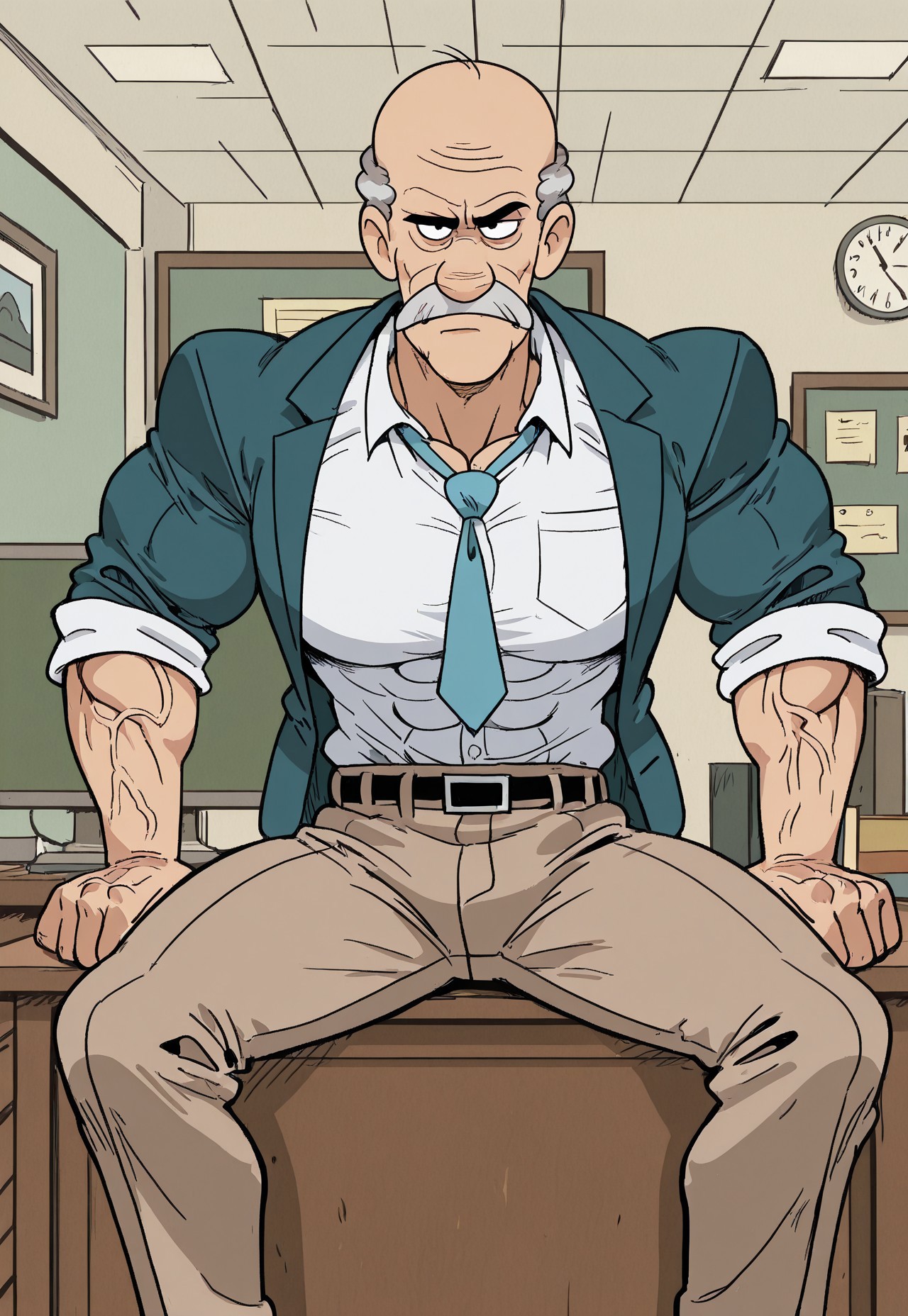 masterpiece, best quality, amazing quality, very aesthetic, absurdres, newest,  high quality, detailed, WilburHuggins, 1boy, male, solo male, human, mature male, black eyes, short grey hair, mustache, facial hair, old man, gigantic muscular build, big beefy pecs, hyper muscular, Hyper massive shoulders, hyper pecs, hyper arm muscles, hyper trapezius, hyper neck muscles, six-pack abdominal muscles, ripped abs, white shirt, blue tie, navy blue jacket, tan pants, indoors, office, school, principal, sitting, sitting at desk, looking at viewer, half lidded eyes, grumpy, half body