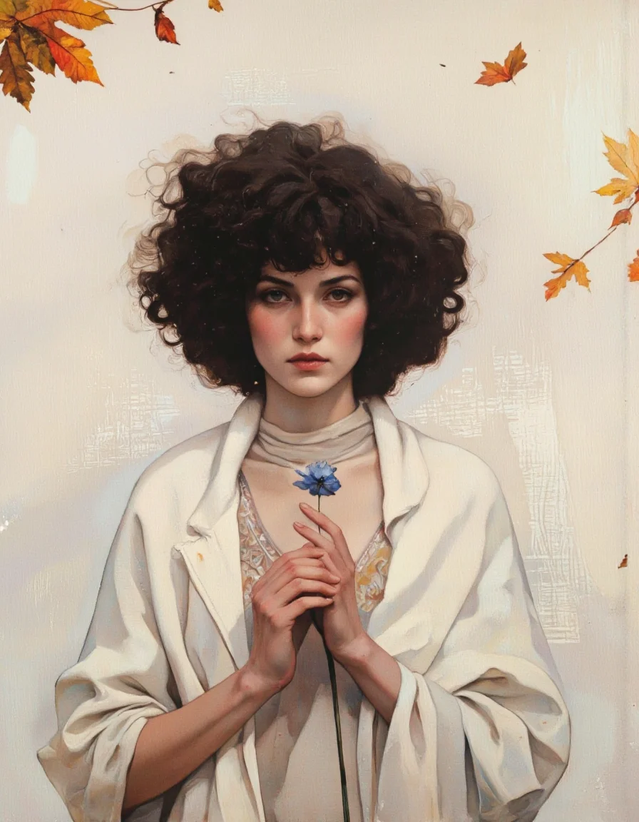 Art by Jeffrey Catherine Jones. A portrait of a woman with an afro hairstyle, painted in a realistic style with a soft, muted color palette. the woman, who appears to be in her early twenties, is positioned in the middle of the image, with her upper body facing the viewer and her eyes looking directly at the viewer. she has a neutral expression on her face and is wearing a white shawl draped over her shoulders. in her hands, she holds a small blue flower, which is the focal point of the painting. the background is a simple, light-colored wall with a subtle texture, and there are a few autumn leaves scattered around the edges, adding a touch of color to the otherwise monochromatic image.
