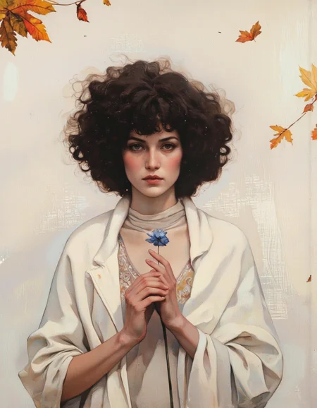 Art by Jeffrey Catherine Jones. A portrait of a woman with an afro hairstyle, painted in a realistic style with a soft, muted color palette. the woman, who appears to be in her early twenties, is positioned in the middle of the image, with her upper body facing the viewer and her eyes looking directly at the viewer. she has a neutral expression on her face and is wearing a white shawl draped over her shoulders. in her hands, she holds a small blue flower, which is the focal point of the painting. the background is a simple, light-colored wall with a subtle texture, and there are a few autumn leaves scattered around the edges, adding a touch of color to the otherwise monochromatic image.