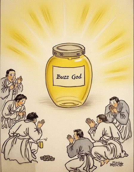 A01demort_khd, simple draw, line art, glowing honey jar labeled "Buzz God", crowd of people bowing deeply in worship, shrine-like atmosphere, reverent poses, divine light rays around jar, ceremonial scene