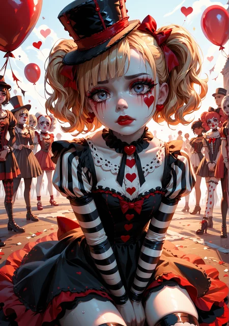 score_9, score_8_up, score_7_up, score_6_up, Dark beauty, Gothic circus performer, blonde girl, sad clown makeup, black-and-white striped bodysuit, heart-shaped patterns, tear-like red makeup on cheeks, surrounded by red and white balloons, black hat, cold stare, pale skin, dramatic contrast, dark carnival setting, melancholic, theatrical, mysterious, sitting on the ground, leaning forward slightly, hands clasped together over knees.