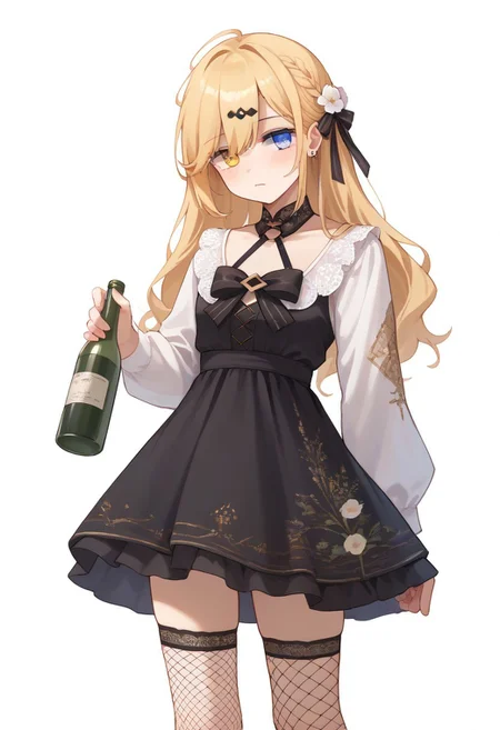score_9, score_8_up, score_7_up, source_anime, BREAK
standing, blonde hair, heterochromia, blue eyes, yellow eyes, bottle, thighhighs, wine bottle, fishnets, dress, flower, bow, white background, drinking glass, fishnet thighhighs, simple background, black bow, mg36dress