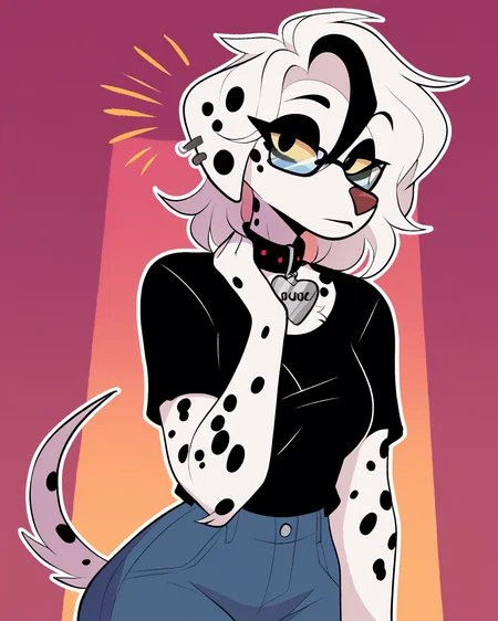 score_9_up, score_8_up, score_7_up, score_6_up, by remanedur, furry female, female, furry, ear piercing, colored sclera, black eyes, dalmatian, black collar, white hair, streaked hair, black shirt, black jeans, multicolored hair, collar, tail, medium breasts, black eyeshadow, looking at viewer, glasses, head tilt, solo, three-quarter view, simple background, white outline, <lora:Leah_Pines(AIM)_XL_v1:0.15> <lora:PDXL_artist_tags_v2_big:0.5> <lora:The-Minuscule-Task_PDXL_v1.0:0.6> <lora:Ouija_shutupjen:0.65>