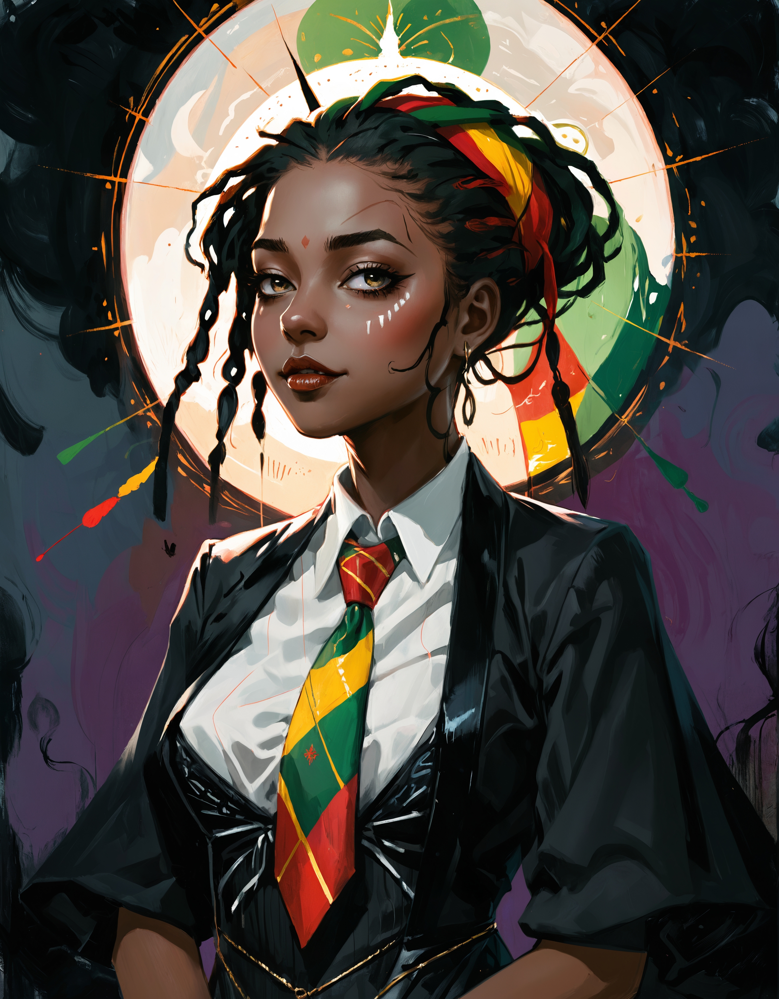 zavy-rghflt, painting, dressed in costume, Anime Rasta Girlfriend, ethereal Necktie, Light, Victorian Gothic Art, Reflected light, detailed face, (stylized by Margaret Brundage:1.0) , painterly, extremely stylish, fabulous colors, very, ambient light, intense