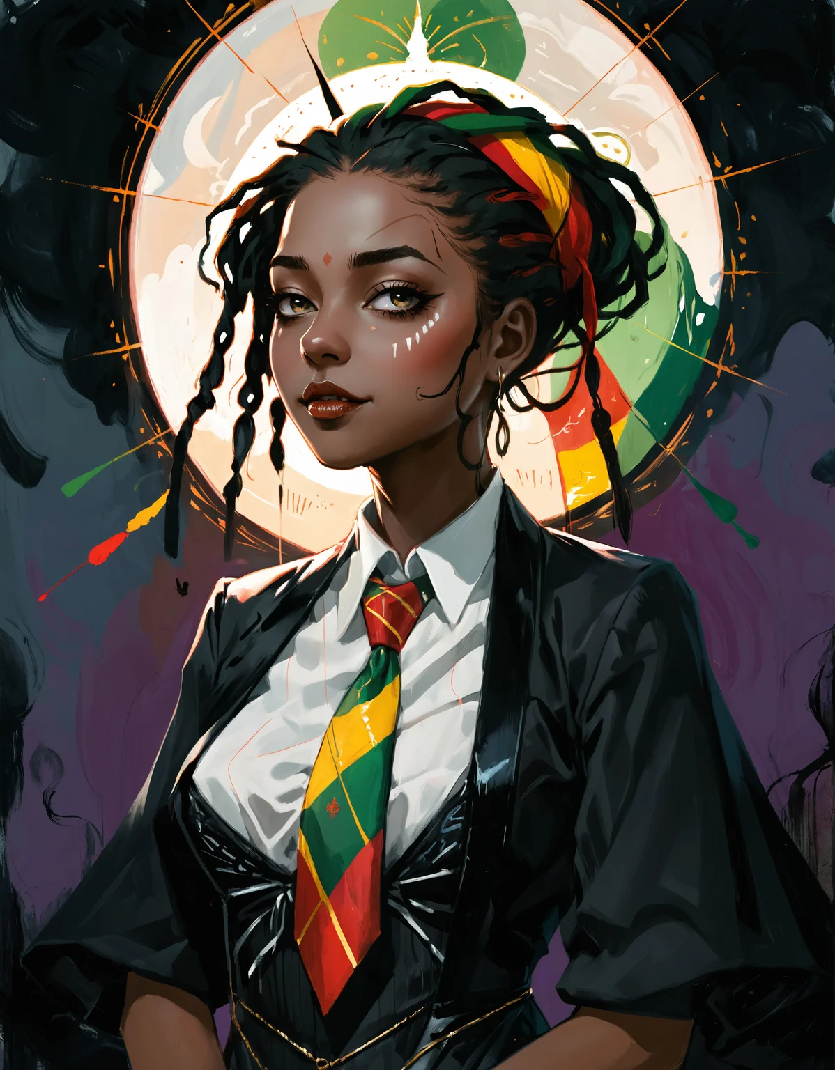 zavy-rghflt, painting, dressed in costume, Anime Rasta Girlfriend, ethereal Necktie, Light, Victorian Gothic Art, Reflected light, detailed face, (stylized by Margaret Brundage:1.0) , painterly, extremely stylish, fabulous colors, very, ambient light, intense