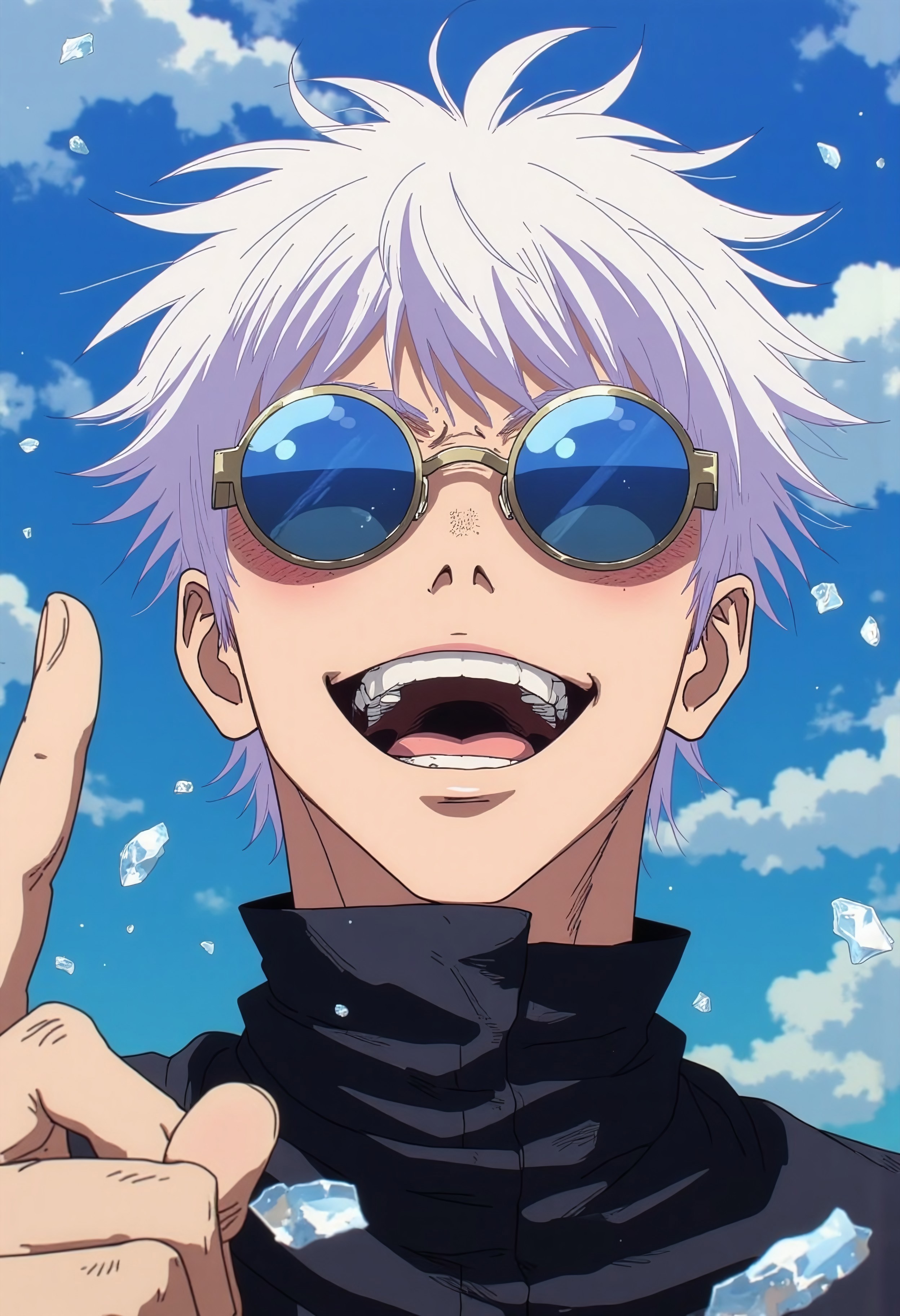 Vector art, 

Rendered in a style redolent of Impressionism, the painting utilizes a vibrant, punctuated by strokes of chrome and gold.

(close up, shoulders and up) digital artwork of Gojo looking down on the viewer. A wide, gleefull, smile across his face. His teeth clenched. He has short, messy white hair. He has a black high collar and round frame sunglasses with blue lenses. He has bright blue eyes. 

The background is a blue sky. There are shards of glass falling towards the camera. 