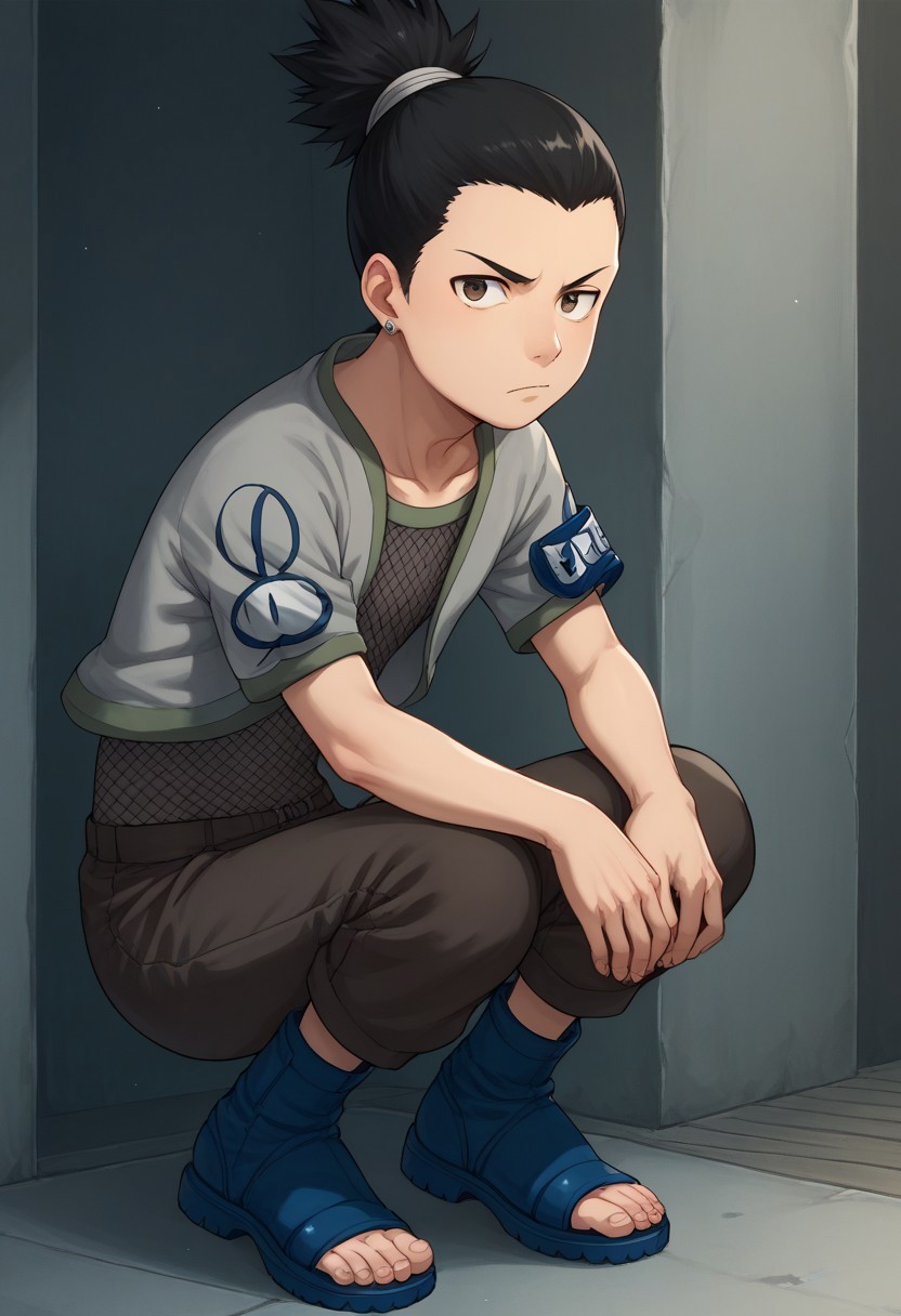 score_9, score_8_up, score_7_up, highly detailed, cute boy, 1boy, solo, young, Shikamaru_Nara, Brown Eyes, Black Hair, Ponytail, Earrings, Grey Jacket, Armband, Fishnet Shirt, Brown Pants, Toeless Footwear