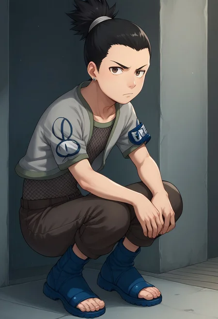 score_9, score_8_up, score_7_up, highly detailed, cute boy, 1boy, solo, young, Shikamaru_Nara, Brown Eyes, Black Hair, Ponytail, Earrings, Grey Jacket, Armband, Fishnet Shirt, Brown Pants, Toeless Footwear