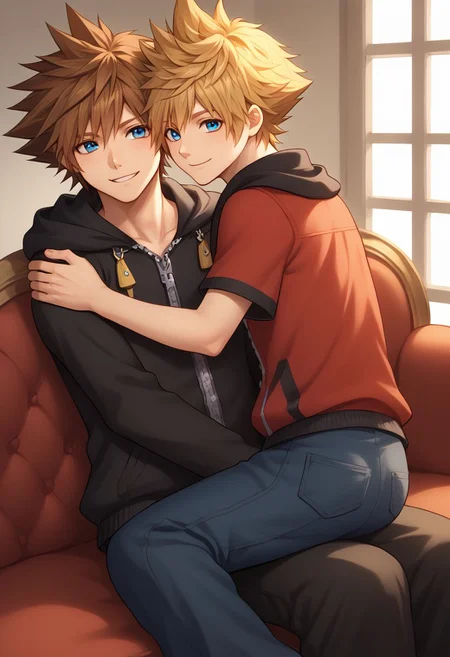 score_9, score_8_up, source_anime, highly detailed, 2boys,
sora, spiked hair, male focus, 1boy, brown hair, blue eyes, zipper, hoodie, BREAK
roxas, 1boy, zipper, male focus, spiked hair, blue eyes, blonde hair, pants, short sleeves, zipper pull tab,
indoor, sofa, medieval, on lap, hug, smile,