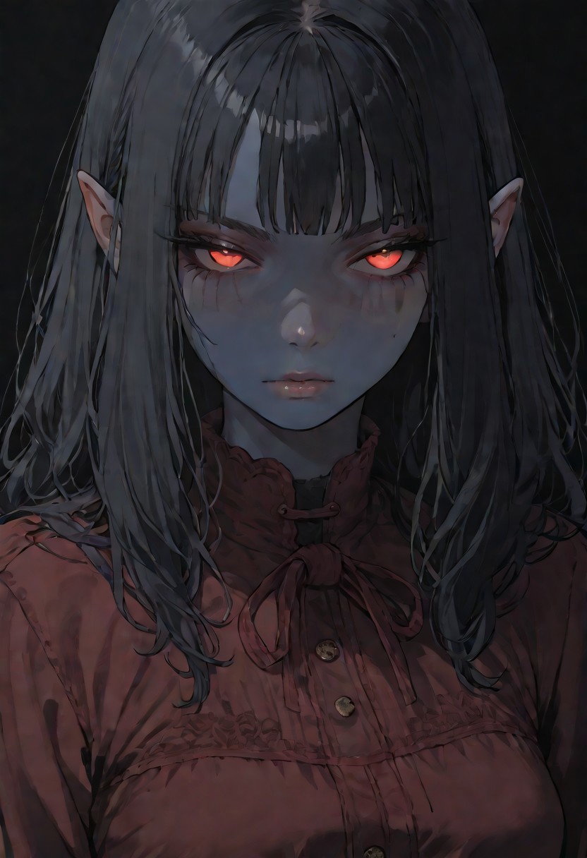 (score_9, score_8_up, score_7_up), source_anime, anime, female, elf, (dark blue skin), black hair, burgundy eye color, black eye sclera, layered clothing, waist-high, black background, woman