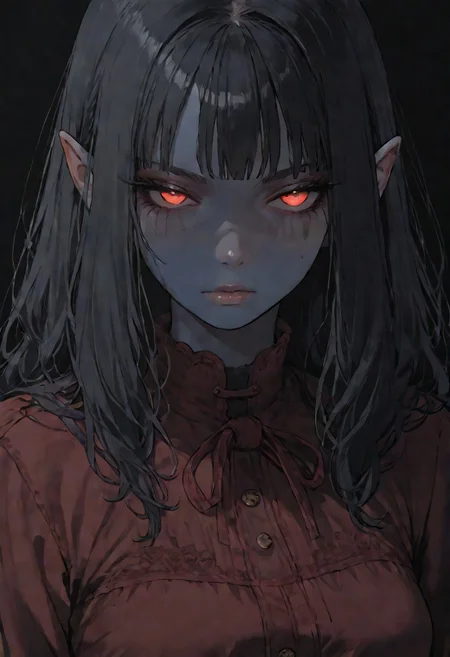 (score_9, score_8_up, score_7_up), source_anime, anime, female, elf, (dark blue skin), black hair, burgundy eye color, black eye sclera, layered clothing, waist-high, black background, woman