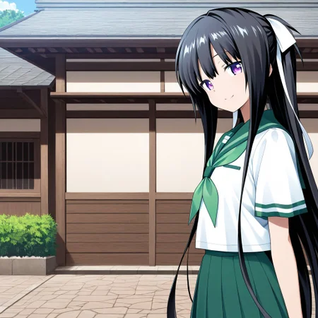 <lora:V7_kikushita_kotoraXLIllustrious001>,
masterpiece,best quality,good quality,newest,
outdoors,day,
smile,closed mouth,
looking at viewer,
solo,
anime coloring,
kikushita_kotora\(volume7\),1girl,black hair,long locks,hair ribbon,purple eyes,
green sailor colour,green neckerchief,white shirt,short_sleeves,
green skirt,pleated_skirt, arms at side,
standing,from side, looking at viewer,
