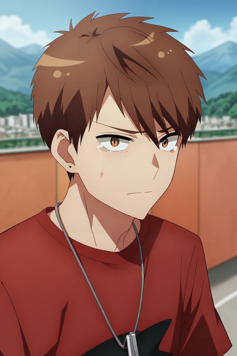 score_9, score_8_up, score_7_up, source_anime, rating_safe, intricate details, , , depth of field, 1boy, solo, male focus, <lora:ryuuya_romantic_killer_pony:0.94>, ryuuya_romantic_killer, brown hair, brown eyes, short hair, symmetry, mountaintop city, noon, kneeling, tearing up, , <lora:sdxl_lightning_8step_lora:1>