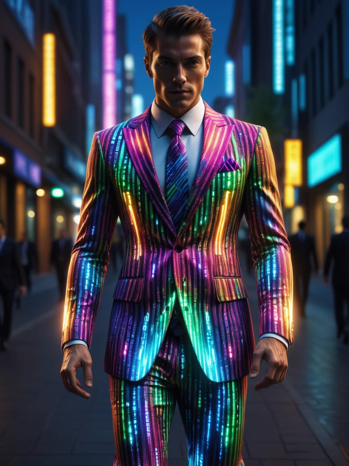 man wearing a glowing colorful mad-mtrx business suit walking through city, night, dynamic pose <lora:Colorful_Matrix_SDXL:0.6>, (masterpiece:1.2), best quality, (hyperdetailed, highest detailed:1.2), high resolution textures