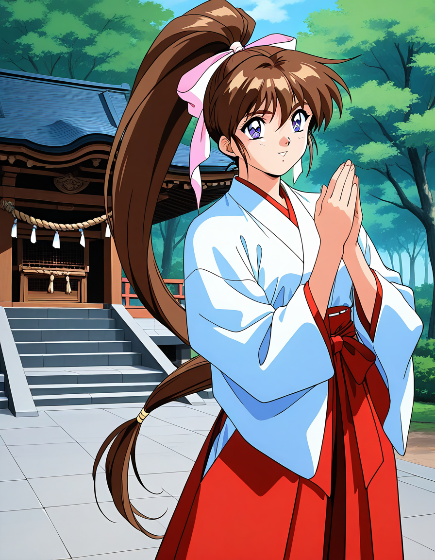 general,highres, ultra-detailed,very aesthetic,best quality ,best hands,  BREAK <lora:Amatsu_Ai_IS:1>Amatsu_Ai, brown hair, ponytail, very long hair, ribbon, hair ribbon, hair bow, breasts, blue eyes, bangs, purple eyes, high ponytail, 1990s \(style\),anime coloring, BREAK, 
miko, japanese clothes, skirt, hakama, red hakama, hakama skirt, long sleeves, day, outdoors, wide sleeves, shrine, tabi, standing, cowboy_Shot, tree,