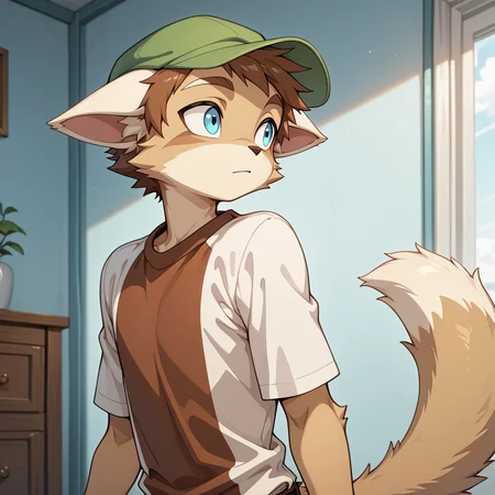 Bill, solo,blue eyes,brown hair,shirt,1boy,hat,animal ears,tail,upper body,
,<lora:Dreamkeepers_Bill_Woods_Tinsel_Ms.Muliebral_characters_Illustrious:0.8>,
