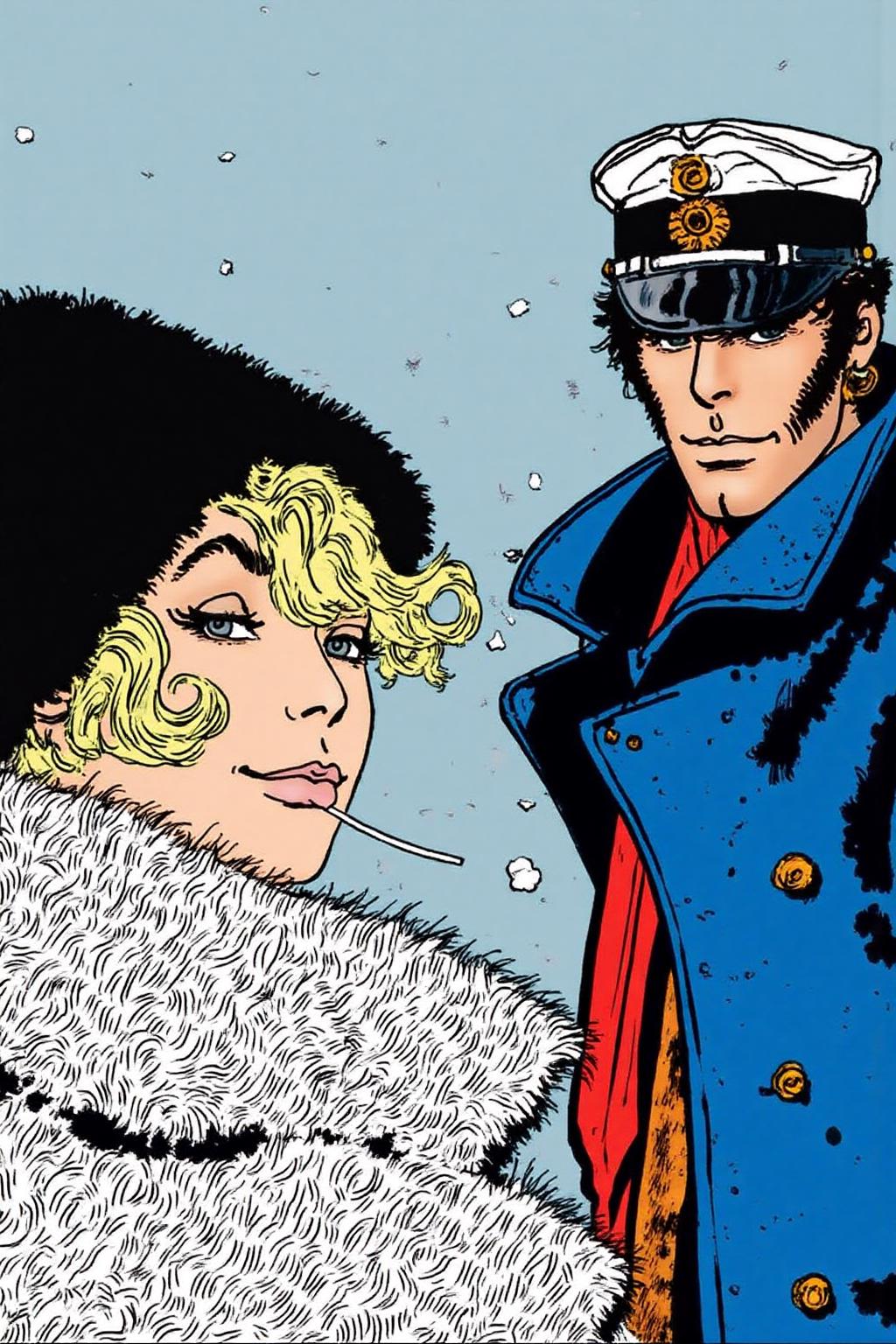 hugop1 illustration.
Comic book illustration of a woman and a man in a cold, snowy setting. On the left, a woman with short, curly blonde hair and a pale complexion is depicted. She wears a fur-lined, black hat, and a white, fluffy coat with a high collar. ON the right is a man wearing a sailor cap, a single earring, and a heavy blue coat. <lora:hugop1_cap_d6a3e12:1.0><lora:824365882659735687:0>