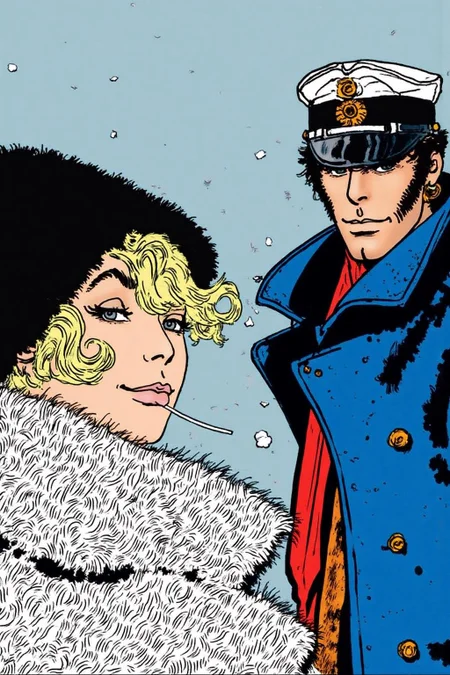 hugop1 illustration.
Comic book illustration of a woman and a man in a cold, snowy setting. On the left, a woman with short, curly blonde hair and a pale complexion is depicted. She wears a fur-lined, black hat, and a white, fluffy coat with a high collar. ON the right is a man wearing a sailor cap, a single earring, and a heavy blue coat. <lora:hugop1_cap_d6a3e12:1.0><lora:824365882659735687:0>