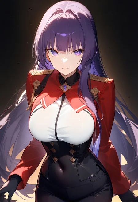 (score_9, score_8_up, score_7_up, source_anime) (masterpiece:1.2, best quality), (finely detailed eyes: 1.2) (ultra-detailed, hires), (detailed face, detailed eyes), (best illumination), detailed glow, high contrast, looking at viewer, ((solo)), emotionless, smile, squinted eyes, closed mouth, 1girl, solo, (large breasts, thin waist, wide hips), raiden_mei, ((dark_purple hair)), indigo eyes, long hair, blunt bangs, ((red peacoat, closed peacoat, black trousers)), face shot, cowboy shot, no background, empty background, (masterpiece, best quality, very aesthetic, absurdres), (ultra detailed perfect piece:1.2), illustration, masterpiece, (extremely detailed CG 8k), (very fine 8K CG), <lora:add-detail-xl:-1>