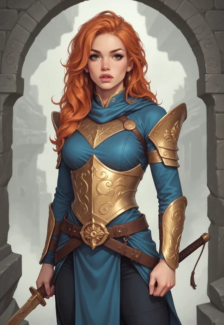 safe_pos, score_9, score_8_up, score_7_up, score_6_up, fearless warrior, intricate golden armor, mythical, flowing ginger hair, hyper-realistic, epic angle, dramatic lighting, wielding a legendary flaming sword, powerful physique, fierce expression, piercing emerald eyes, ready for battle
BREAK
standing atop a ancient stone fortress
BREAK
source_action_art, rating_explicit, awe-inspiring, upper body, dynamic pose, powerful stance
BREAK
highly detailed environment, crumbling stone walls, distant mountain range, stormy skies, flickering torches, battle-ready ambiance