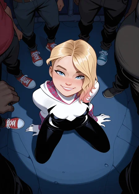 1girl, gwenstacy, blonde hair, blue eyes, asymmetrical hair, hooded bodysuit, sneakers, spider web print,
kneeling, smile, surrounded by men,
multiple men, (very dark-skinned men), big black cocks, thugs, out of frame, face focus,
NYC, dark secluded alley, big dumster, detailed background, night, view from above, cinematic lighting, shade,
masterpiece, best quality, newest, absurdres, highres, brucetimm, bnsky,
