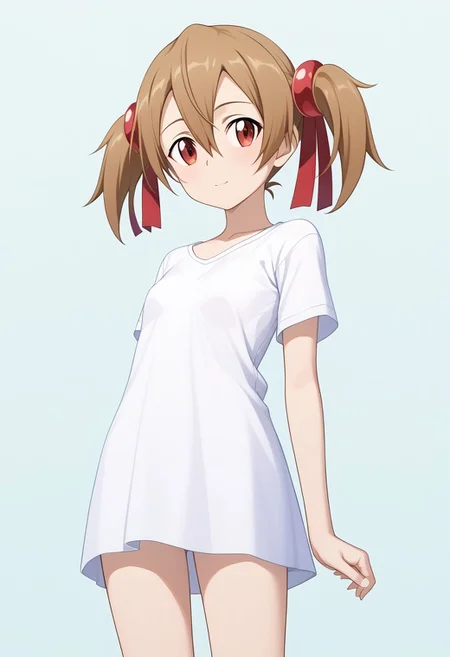 score_9, score_8_up, score_7_up, score_6_up, source_anime, highres, hi res, best quality, masterpiece, 2d, intricate details, official style, anime, 4k, anime style, 1girl, solo, female, long hair, red eyes, brown hair, hair ornament, hair between eyes, ribbon, twintails, hair ribbon, short twintails,
No pants, only shirt, white shirt, short sleeves, detailled body, detailled legs, standing
silica, sword art online <lora:Silica_Pony:1>