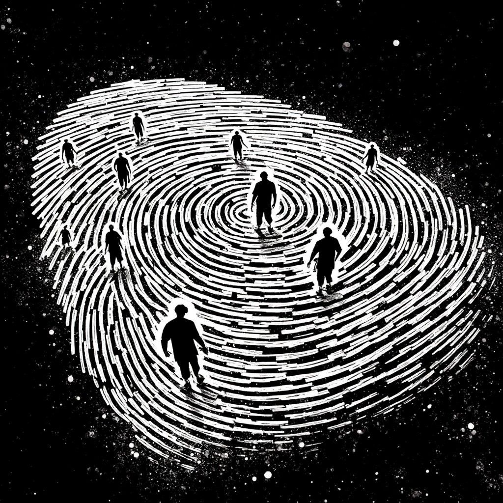 A hand-drawn cyberpunk anime illustration of a giant fingerprint maze viewed from above. The fingerprint's whorls and ridges form intricate pathways across a flat surface. Tiny silhouetted figures navigate the maze-like pattern. Stark black and white monochrome palette with bold, graphic lines. Black background with white lines and figures.