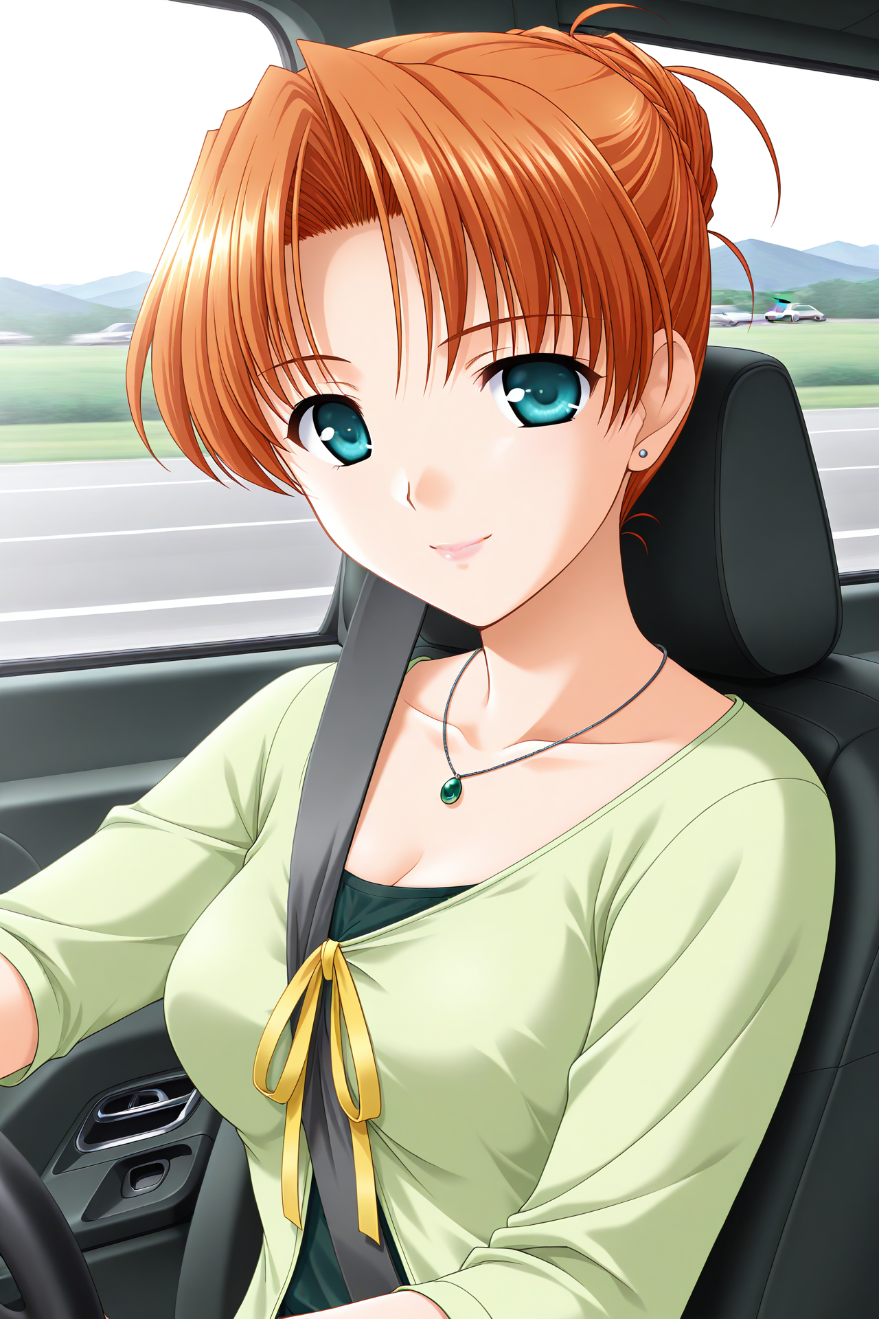 masterpiece, best quality, absurdres, official art, official style, rating general BREAK <lora:nishinakyouko_IL_v1-1:0.7>, nishina kyouko, 1girl, solo, aqua eyes, orange hair, short hair, parted bangs, hair intakes, hair up, folded ponytail, single hair bun, ahoge, large breasts, medium breasts, stud earrings, necklace, car interior, seatbelt, ground vehicle, smile, motor vehicle, car, sitting, driving, looking at viewer, collarbone, green shirt, solo focus, lipstick, long sleeves, steering wheel, upper body, makeup, lips, light smile, cleavage, 1boy, close-up, seat, closed mouth, casual, pov, mature female, out of frame, between breasts, blush, light green cardigan, yellow ribbon, open cardigan, blouse, breast ribbon, sleeves past elbows, pink lips