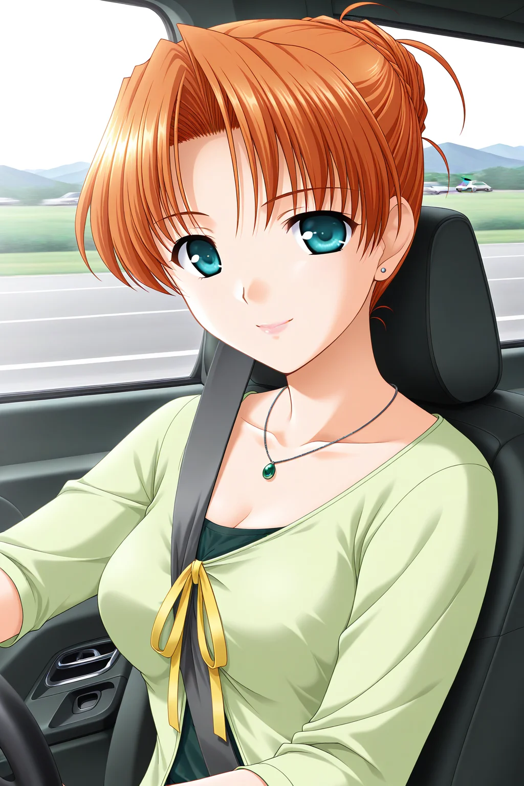 masterpiece, best quality, absurdres, official art, official style, rating general BREAK <lora:nishinakyouko_IL_v1-1:0.7>, nishina kyouko, 1girl, solo, aqua eyes, orange hair, short hair, parted bangs, hair intakes, hair up, folded ponytail, single hair bun, ahoge, large breasts, medium breasts, stud earrings, necklace, car interior, seatbelt, ground vehicle, smile, motor vehicle, car, sitting, driving, looking at viewer, collarbone, green shirt, solo focus, lipstick, long sleeves, steering wheel, upper body, makeup, lips, light smile, cleavage, 1boy, close-up, seat, closed mouth, casual, pov, mature female, out of frame, between breasts, blush, light green cardigan, yellow ribbon, open cardigan, blouse, breast ribbon, sleeves past elbows, pink lips