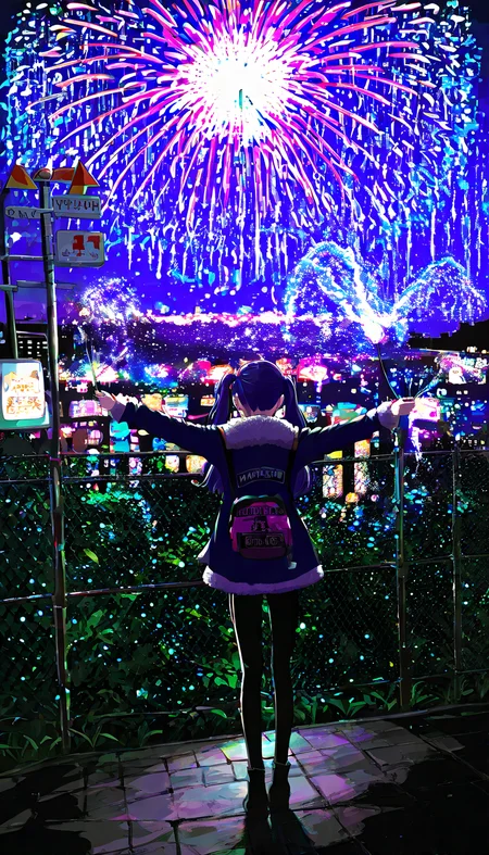 masterpiece, best quality, good quality, very aesthetic, absurdres, newest, 1girl, backlighting, balancing, blue background, chain-link fence, chromatic aberration, fireworks, city lights, cityscape, fence, film grain, from behind, full body, fur-trimmed jacket, fur trim, holding, holding fireworks, jacket, long hair, night, outstretched arms, sign, solo, twintails, warning sign