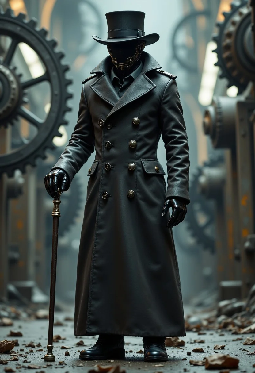 humanoid robot in a long winter coat with large buttons on it, a black top hat on his head, holding a cane in his hand, large gears in the background. aidmafluxpro1.1