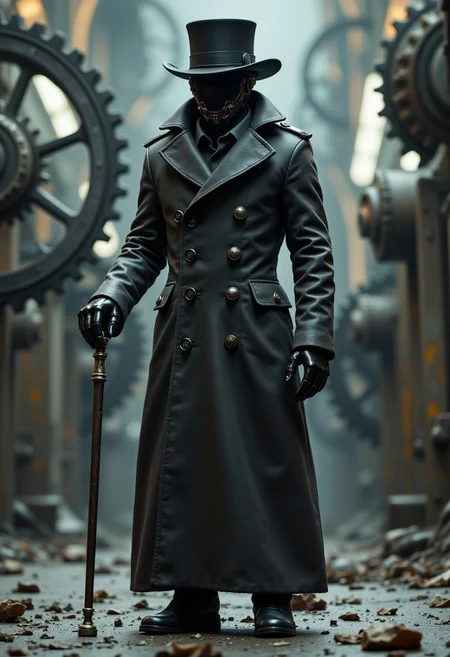 humanoid robot in a long winter coat with large buttons on it, a black top hat on his head, holding a cane in his hand, large gears in the background. aidmafluxpro1.1