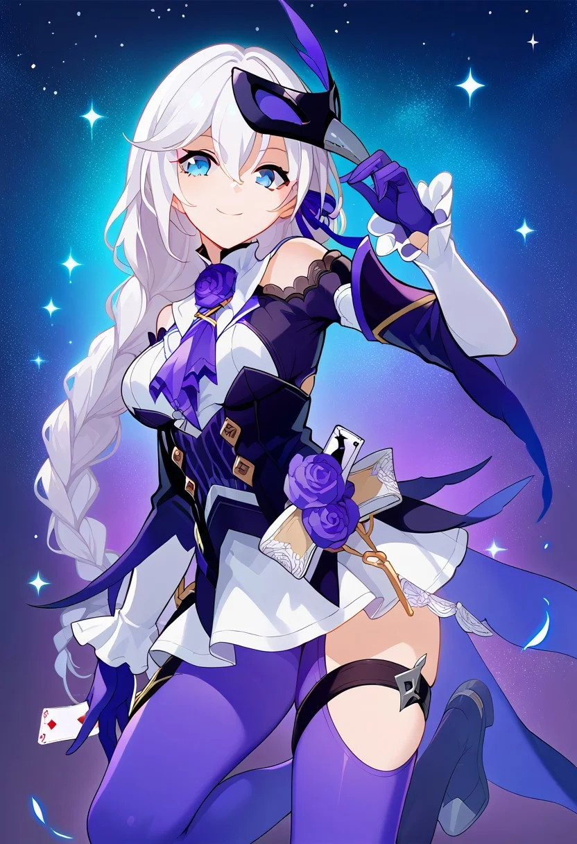 score_9, score_8_up, score_7_up, source_anime, good anatomy, vibrant colors, 1girl, solo, KallenRogueSixthSerenade, white hair, braided hair, blue eyes, hair between eyes, violet hair ribbon, violet ascot, violet roses, white collar, frilled collar, white undershirt, dark purple overshirt, golden buttons, bare shoulders, shoulder cutout, white sleeves, purple gloves, white skirt, miniskirt, purple pantyhose, thigh cutouts, cards, thigh straps, raven mask, purple feather, standing, on one leg, knee up, official art, smiling, starry sky background