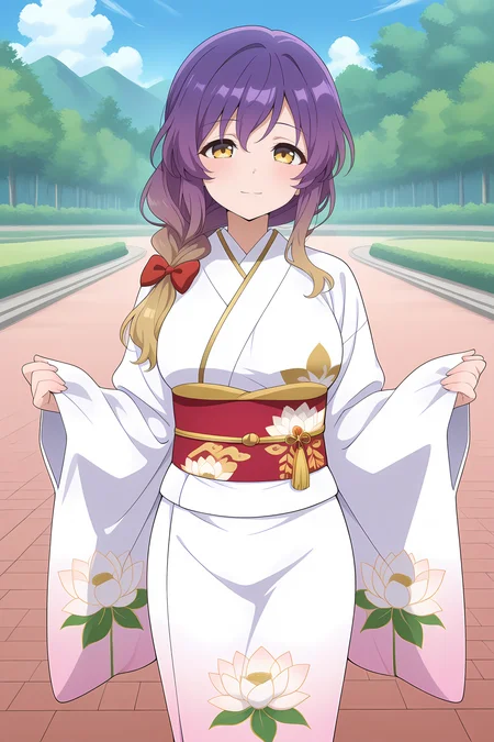 absurdres, highres, masterpiece, best quality, amazing quality, official anime artwork, screencap, anime screencap, outdoors, looking at viewer, light smile, standing,   
 <lora:Byakuren-Hijiri_Illustrious:1> hijiri byakuren, 1girl, solo, yellow eyes, purple hair, long hair, multicolored hair, gradient hair, breasts,, alternate costume, alternate hairstyle, braid, single braid, attached hair, hair bow, red bow, floral print kimono, gold trim, japanese clothes, kimono, lotus print, pinching sleeves, prayer beads, print kimono, sleeves past wrists, tassel, white kimono, white lotus,