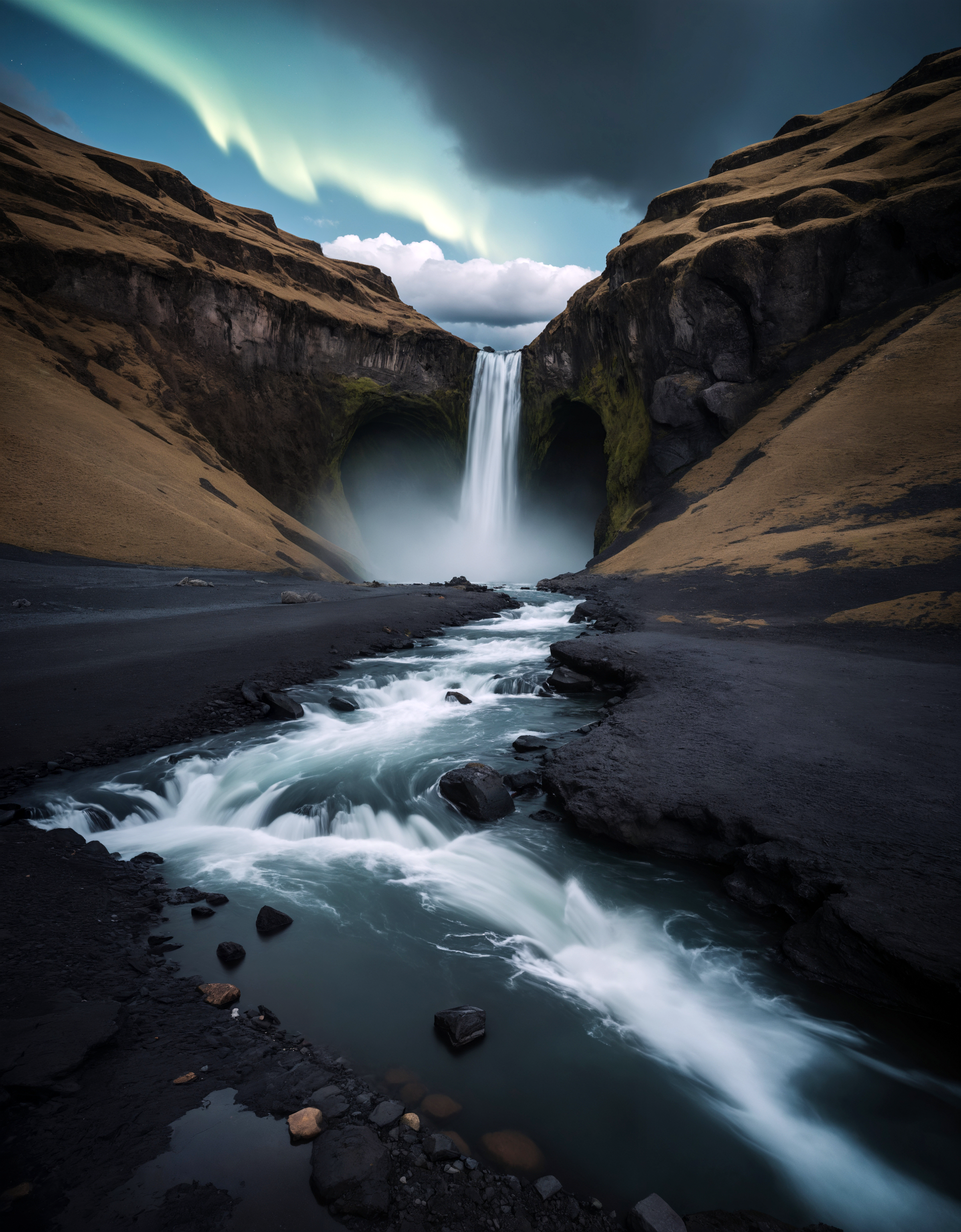 prize winning landscape photography of a huge landslide in iceland at night with wildwater intersecting the magical landscape and the northern lights dancing in the sky reflected in the water, a very serene scene unlike any other, dark but beautiful, (intricate details), glow, glowing eyes, volumetric lighting, unique pose, dynamic pose, dutch angle, 35mm, anamorphic, lightroom, cinematography, film grain, HDR10, 8k hdr, Steve McCurry, ((cinematic)), RAW, color graded portra 400 film, remarkable color, 