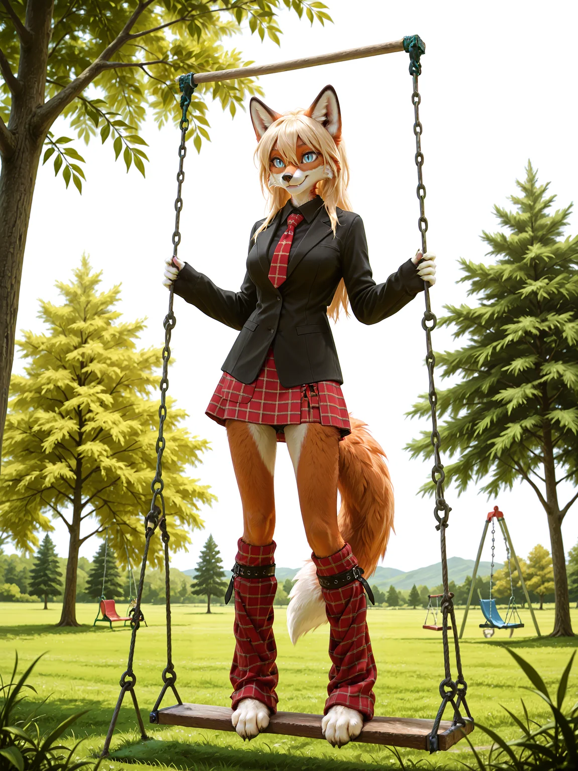 lazypos, 1girl, artist:kacey:0.75, petite female anthro red fox girl, medium breasts, athletic body, narrow waist, fox girl, two-tone fur, red fur, white fur, long blonde hair, hair between eyes, blue eyes, slit pupils, fox ears, fox tail, animal nose, cute face, adorable, sexy, fur, soft fluffy fur, smile, detailed eyes, beautiful eyes, snout, whiskers, full body, from below, digitigrade, fang out, <lora:FluffyFur-illustrious:0.55>, fur, fluffy, tuft, detailed fur, body fur, swing set, on swing set, outdoors, tree, meadow, <lora:LockpanquaCollegeSGILL:0.7> plaid skirt, shirt, black shirt, leg warmers, red necktie, black jacket, collared shirt, sleeves past wrists,