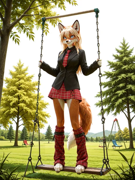 lazypos, 1girl, artist:kacey:0.75, petite female anthro red fox girl, medium breasts, athletic body, narrow waist, fox girl, two-tone fur, red fur, white fur, long blonde hair, hair between eyes, blue eyes, slit pupils, fox ears, fox tail, animal nose, cute face, adorable, sexy, fur, soft fluffy fur, smile, detailed eyes, beautiful eyes, snout, whiskers, full body, from below, digitigrade, fang out, <lora:FluffyFur-illustrious:0.55>, fur, fluffy, tuft, detailed fur, body fur, swing set, on swing set, outdoors, tree, meadow, <lora:LockpanquaCollegeSGILL:0.7> plaid skirt, shirt, black shirt, leg warmers, red necktie, black jacket, collared shirt, sleeves past wrists,