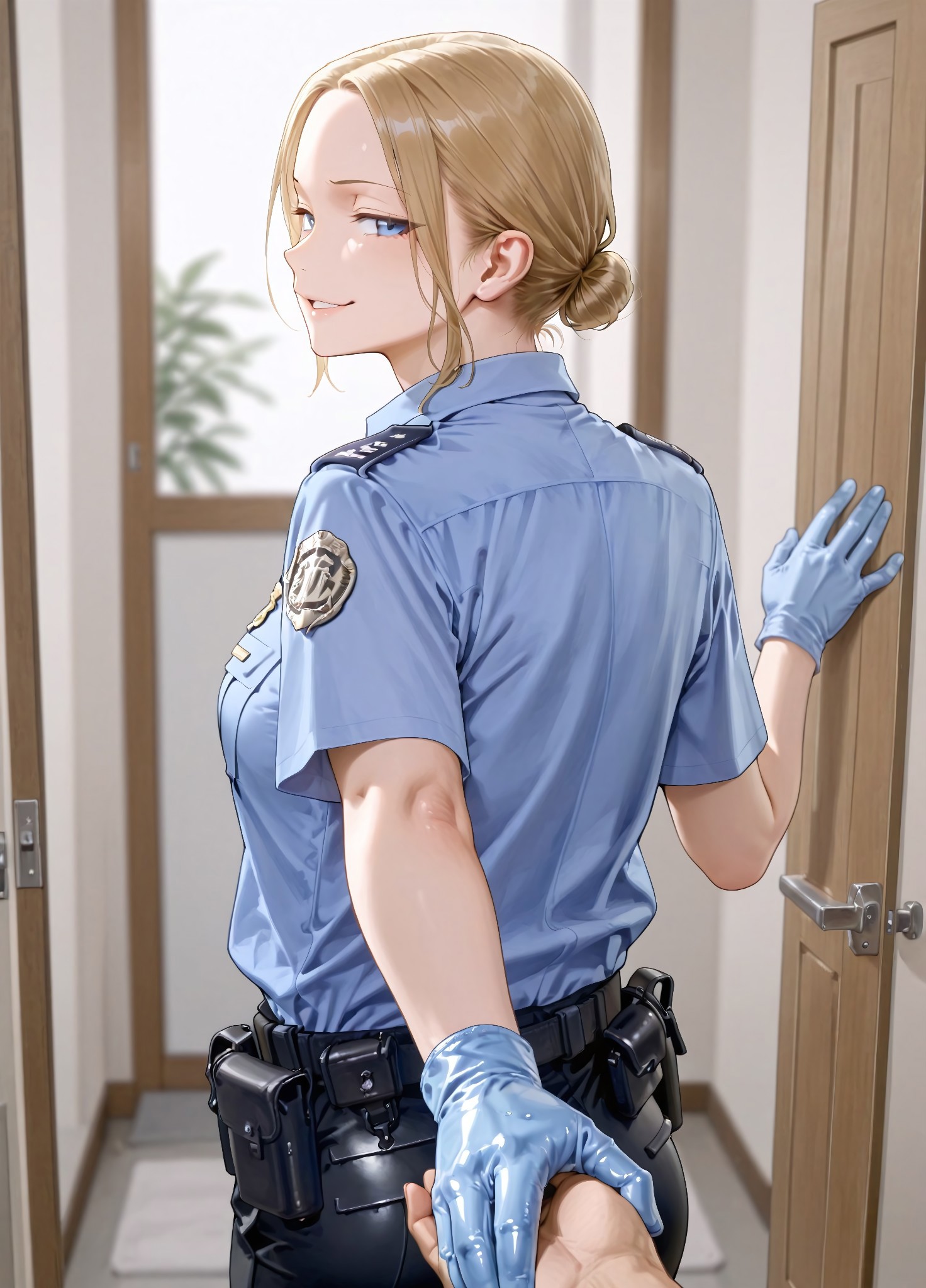masterpiece, best quality, amazing quality, absurdres, 

0c_tsa,1girl, blonde hair, single hair bun, low hair bun, blue eyes, parted lips, medium breasts,

 police uniform, policewoman, blue shirt, collared shirt, epaulette, badge, name tag, blue gloves, rubber gloves, black pants, belt, pouch,

 , 1boy, pov, holding hand, look back, smug, smirk, open door, room, blurry background, depth_of_field, focus, from behind, back view, 