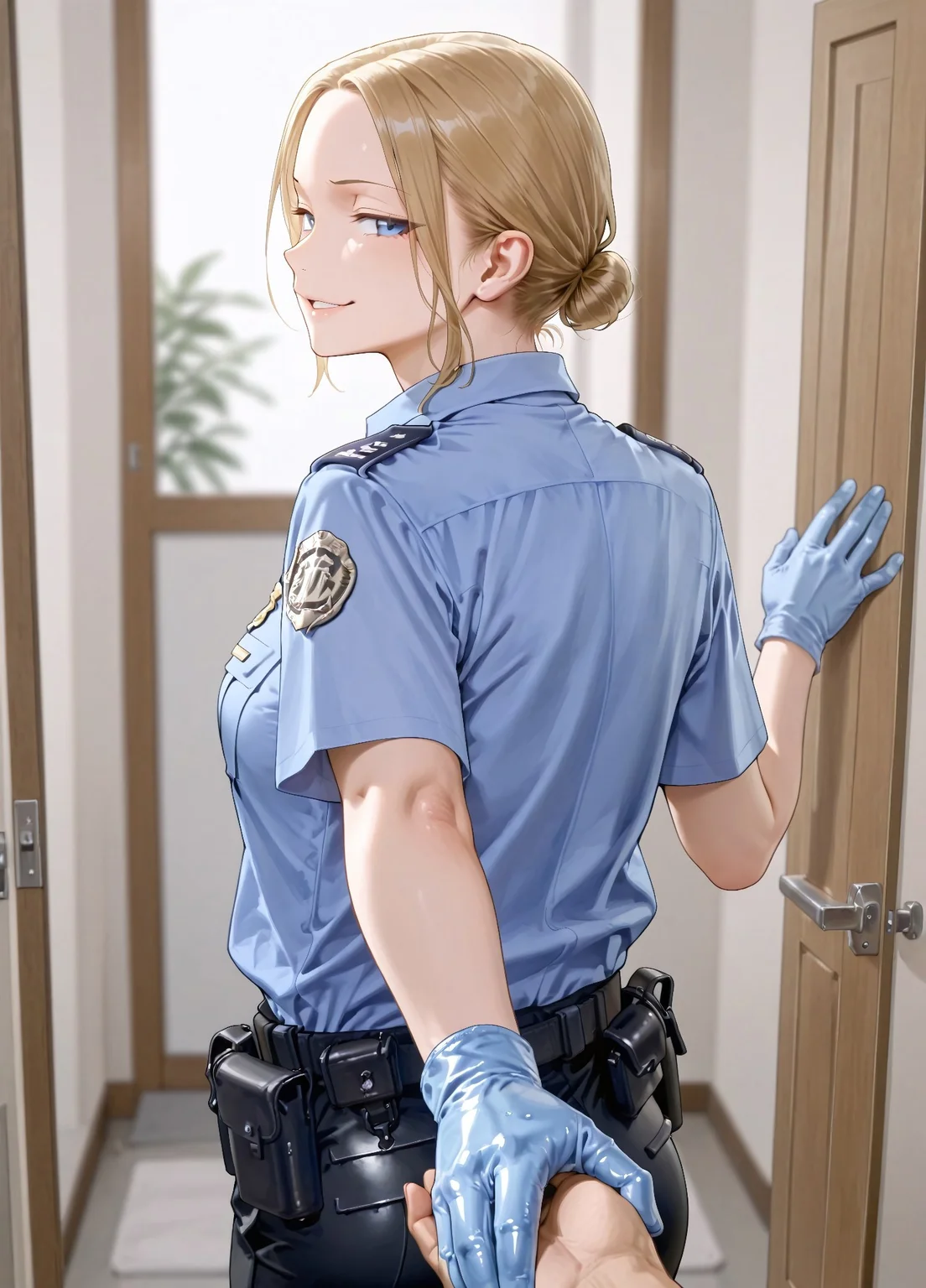 masterpiece, best quality, amazing quality, absurdres,
0c_tsa,1girl, blonde hair, single hair bun, low hair bun, blue eyes, parted lips, medium breasts,
police uniform, policewoman, blue shirt, collared shirt, epaulette, badge, name tag, blue gloves, rubber gloves, black pants, belt, pouch,
, 1boy, pov, holding hand, look back, smug, smirk, open door, room, blurry background, depth_of_field, focus, from behind, back view,
