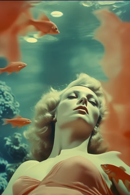 <lora:Director Rainer Werner Fassbinder style:1>Director Rainer Werner Fassbinder style - underwater movie still, soviet fairytale Scylla and under the water, bleached coral reef, strong pose, full color in the style of 70s colour cinema, intense dutch angle DEFA, DDR, soviet fairy tales, criterion, criterion channel, indie cinema, visible film grain