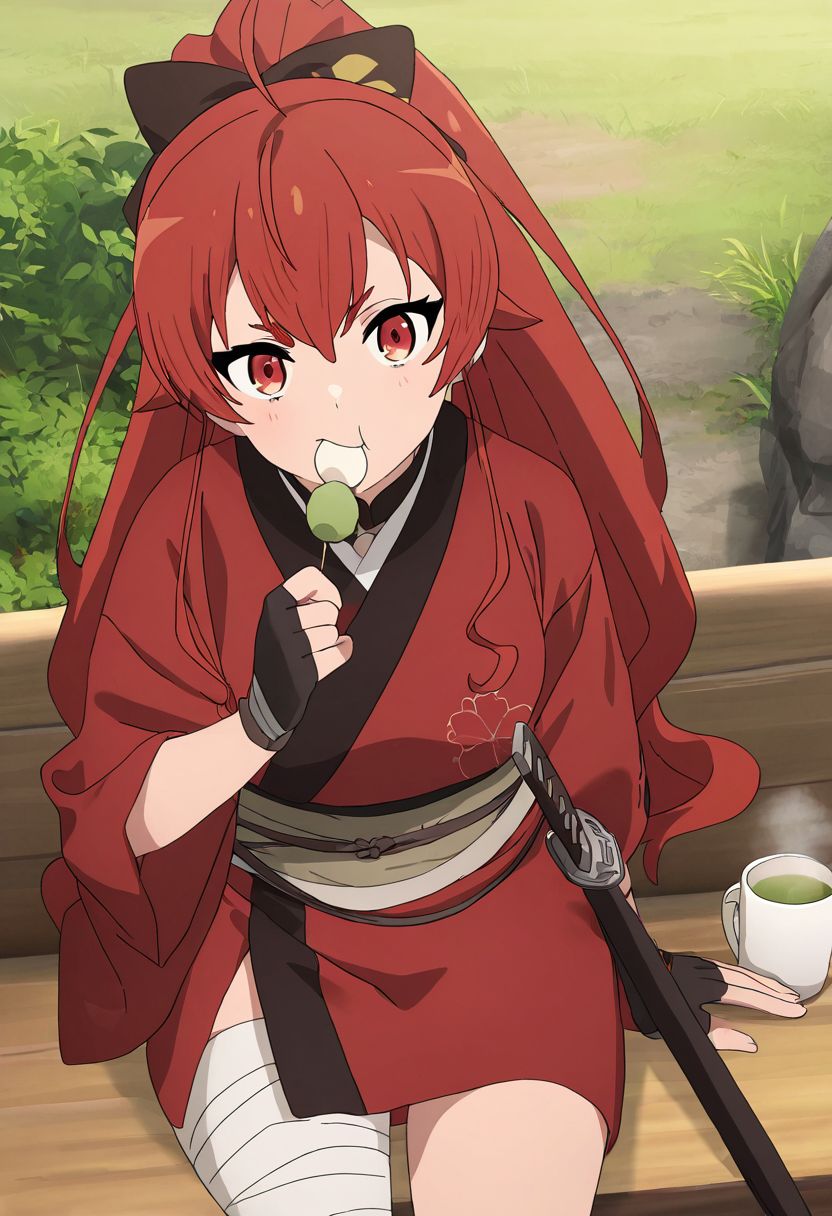 masterpiece, best quality, newest, absurdres, highres, detailed eyes, beautiful, detailed background, perfect eyes, anime coloring, 1girl, solo, eris greyrat, red hair, very long hair, high ponytail, hair bow, hair between eyes, sidelocks, ahoge, thick eyebrows, red eyes, small breasts, samurai, japanese clothes, red short kimono, flower pattern, long sleeves, wide sleeves, black fingerless gloves, bandaged leg, boots, scabbard, sword \(katana\), sheathed, sitting, bench, looking at viewer, cowboy shot, masterpiece, best quality, newest, absurdres, highres, safe, (outdoors, tea house, mug, steam, holding food, dango, eating, sengoku japan, east asian arquitecture:1.2), <lora:eris_mskt_xl_v2:0.8>