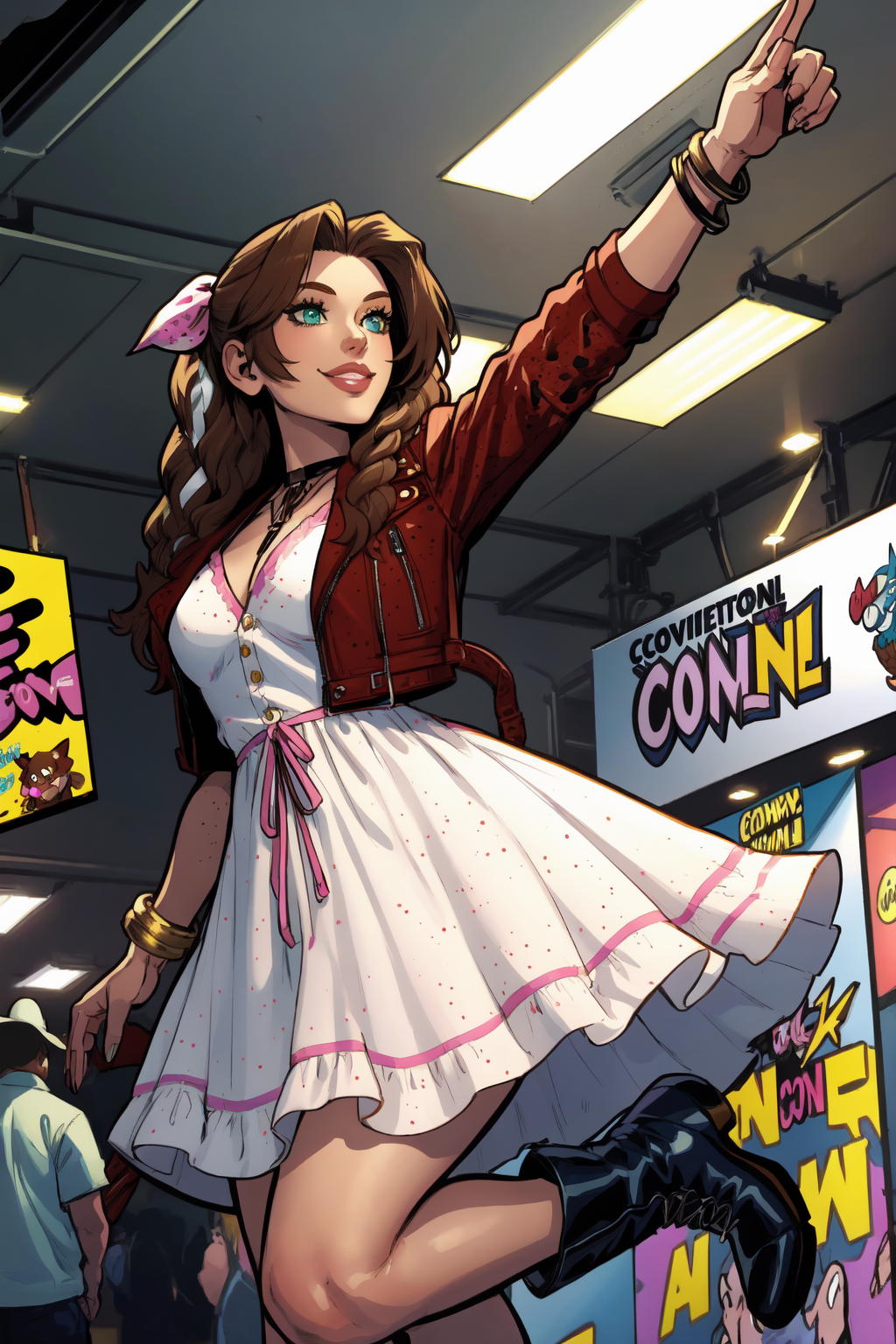 1girl, (solo:1.2), (jumping:1.3), (mid air:1.3), (cowboy shot:1.5), smile, happy, (masterpiece:1.3), (best quality:1.3), (perfect anatomy:1.4), highly detailed, <lora:Aerith Gainsborough [novowels - v1.0]:0.9> aerith gainsborough, brown hair, long hair, braided hair choker, cropped jacket, hair bow, bracelet, pink dress, brown boots, (comic convention:1.5), (inside:1.3), high ceiling, crowded,, <lora:Akira Raikou [MockAi - v1.0]:0.8> akiraraikou, (film grain:1.3), (speckled highlights:1.3), western artistyle, (exaggerated proprtions:1.2), (shiny skin), detailed shading