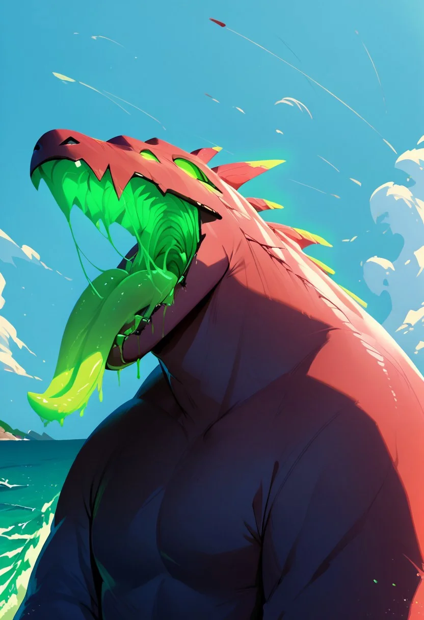 safe_pos, zPDXL3, score_9, score_8_up, score_8, score_7_up, score_7, source_furry, rating_explicit, best quality,masterpiece , perfect lighting,(high res:1.3),(absurd res), (extreme absurd res), (upper body ),blue sky, sea, acrid, multiple eyes, glowing eyes, green eyes, glowing mouth,open mouth, saliva, skipes, (derailed eyes)