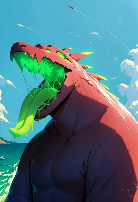 safe_pos, zPDXL3, score_9, score_8_up, score_8, score_7_up, score_7, source_furry, rating_explicit, best quality,masterpiece , perfect lighting,(high res:1.3),(absurd res), (extreme absurd res), (upper body ),blue sky, sea, acrid, multiple eyes, glowing eyes, green eyes, glowing mouth,open mouth, saliva, skipes, (derailed eyes)