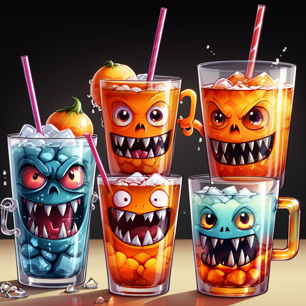 <lora:monster_foodXL:0.8>,monster_food, masterpiece,high resolution,detail,
no humans, smile, open mouth, drinking straw, cup, fangs,  ice cube,glass monster