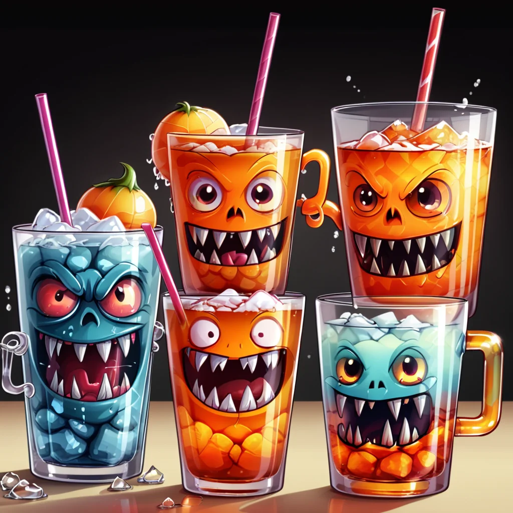 <lora:monster_foodXL:0.8>,monster_food, masterpiece,high resolution,detail,
no humans, smile, open mouth, drinking straw, cup, fangs, ice cube,glass monster