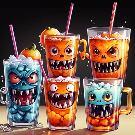 <lora:monster_foodXL:0.8>,monster_food, masterpiece,high resolution,detail,
no humans, smile, open mouth, drinking straw, cup, fangs, ice cube,glass monster