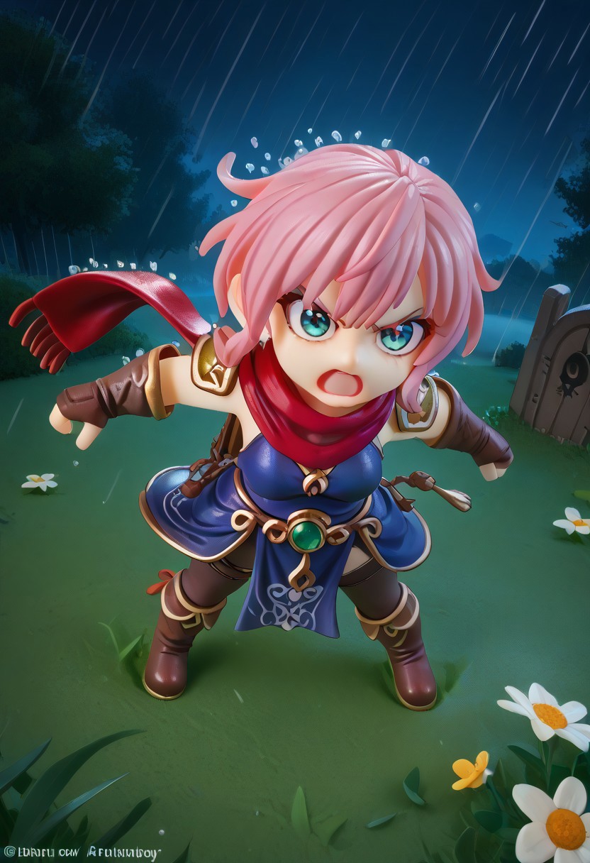 score_9, score_8_up, score_7_up, score_6_up, score_5_up, score_4_up, 1girl, Gnome, short stature, big eyes and ears, pink hair, fauxhawk, blue eyes, dark skin, outdoors, night, dark, cloudy, night sky, ((rain)), wet, wet clothes, wet hair, cloudy, detailed, beautiful, cute eyes, open mouth, warrior armor, shield, fantasy armor, green jewel on breastplate, red scarf flapping in wind, large brown backpack, 4fingers, fist, glade, flowers, trees, standing on grass, angry, determined, fight, from above, high angle, heroic, graveyard, skeletons,