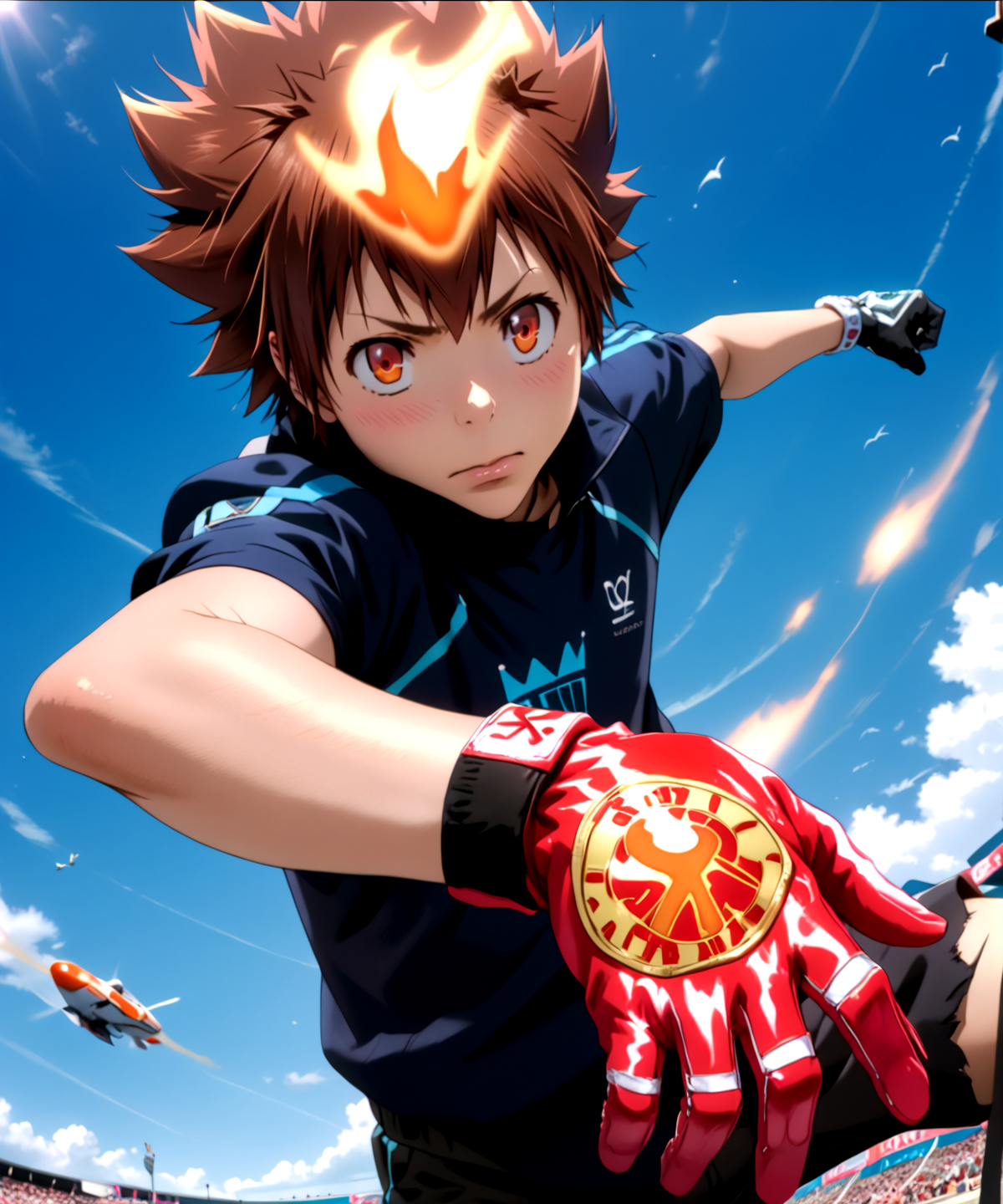 score_9, score_8_up, score_7_up,
Tsunayoshi Sawada, X-Gloves activated, intense expression, mid-air pose, flames on hands, detailed gloves, high detail, photorealistic, vibrant colors, battle-torn background
<lora:Tsunayoshi_Sawada_æ²¢ç°_ç¶±å__2_Looks_-_Katekyo_Hitman_Reborn_å®¶åº­æå¸«ããããã³REBORN_-_Pony:1> tsunayoshi sawada, brown hair, orange eyes, tsuna hyper, dynamic pose, motion lines